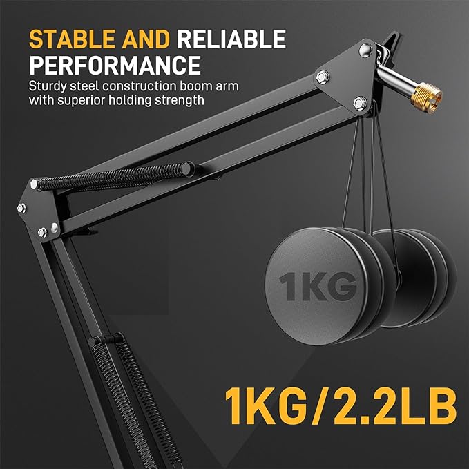 MAONO Boom Arm Microphone Stand: Adjustable Metal Suspension Mic Boom Arm for Podcast Gaming Streaming Recording,with Desk Clamp and 3/8" to 5/8" Screw Adapter-Max Load 1KG BA20 Black