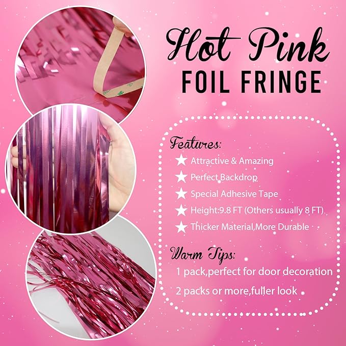 GOER 3.2 ft x 8.2 ft Metallic Tinsel Foil Fringe Curtains Party Photo Backdrop Party Streamers for Galentines Day,Birthday,Graduation,New Year Eve Decorations Wedding Decor (3 Pcs, Hot Pink)