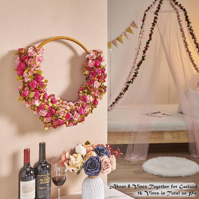 8 Pcs x 8.2 ft Flower Garland Artificial Rose Vine Flowers with Green Leaves Hanging Fake Roses Vine for Room Party Home Wedding Birthday Christmas Wall Arch Decor, Fall Purple Flower