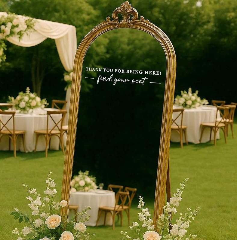 Seating Chart Sign, Wedding Mirror Decal, Thank You for Being Here Find Your Seat, Wedding Seating Chart Header Vinyl Decal, Your Seat Awaits Wedding Sign Decal, Mirror Sticker for Seating (White, Wide 17")