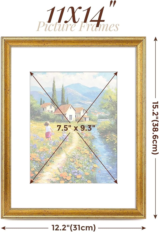 TWING 11x14 Gold Picture Frames Set of 6,Rustic Gold Frames Display Pictures 8x10 with Mat or 11x14 without Mat,Gallery Photo Frames for Wall Mounting,Ideal for Gift