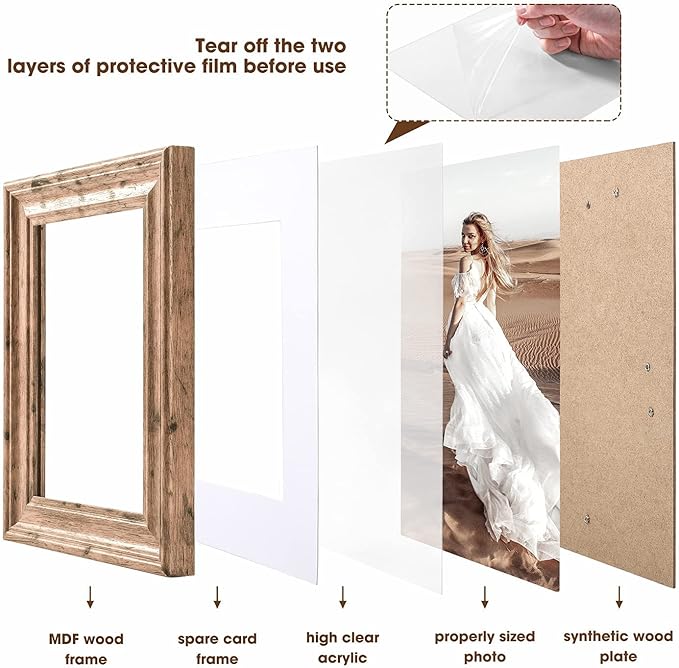 TWING 5x7 Picture Frames Set of 6, Rustic Picture Frame 4x6 with Mat or 5X7 Without Mat, Tabletop Display Wall Mounting Collage Photo Frames Brown Walnut Wood Pattern