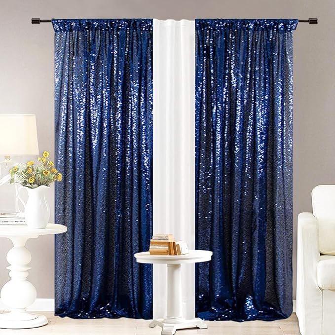 Eternal Beauty Navy Blue Sequin Backdrop Curtains, Shimmer Back Drop 4Panels-2FTx8FT for Independence Day Christmas, Party, Birthday, Photography, Wedding, Baby Shower Event Decoration