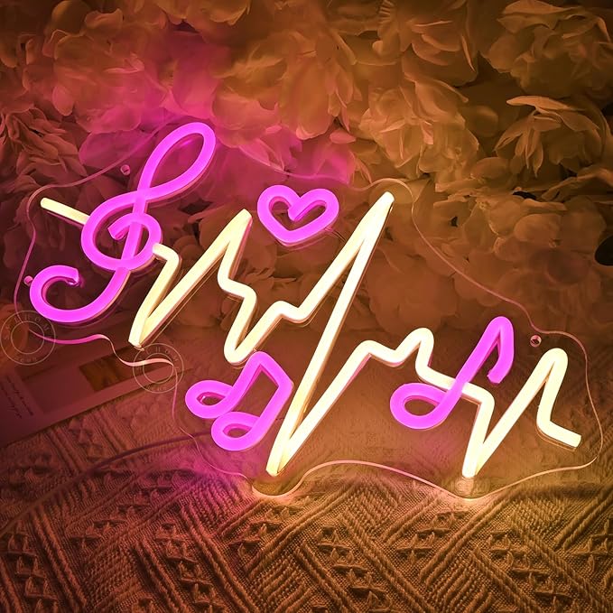 SYLHOME Led Neon Light Sign Music Note Wall Decor Sign Heartbeat Music Room Bedroom Studio Bar Theme Birthday Christmas Party 15.75" X 8.54" USB