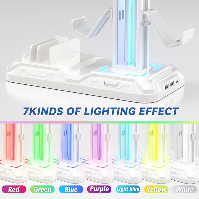 KDD Headset Stand with Charging Station - Detachable Controller Holder with 9 Light Modes - Rotatable Headphone Hanger with USB A&C Charger Ports - Earphone Hook for PC Gaming Accessories Storage