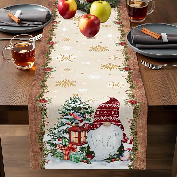 Christmas Gnomes Cotton Linen Table Runner for Dining Kitchen, Xmas Pine Tree Snowflake Rustic Wedding Outdoor Party Tablerunners Decoration, Retro Wood Dresser Scarf Tablecloth Runners 13x90 Inches