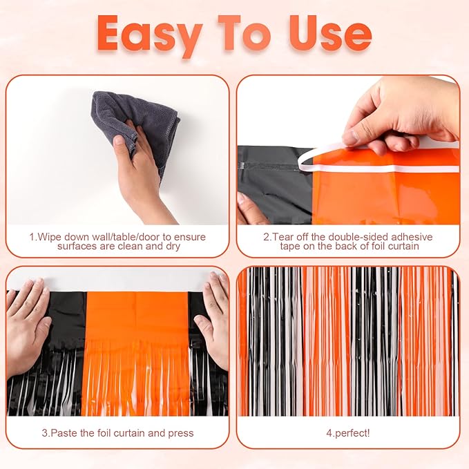 3 Pack 3.3x8.2 Feet Black and Orange Foil Fringe Backdrop Curtains, Tinsel Streamers Birthday Party Decorations, Fringe Backdrop for Graduation, Baby Shower, Gender Reveal, Disco Party