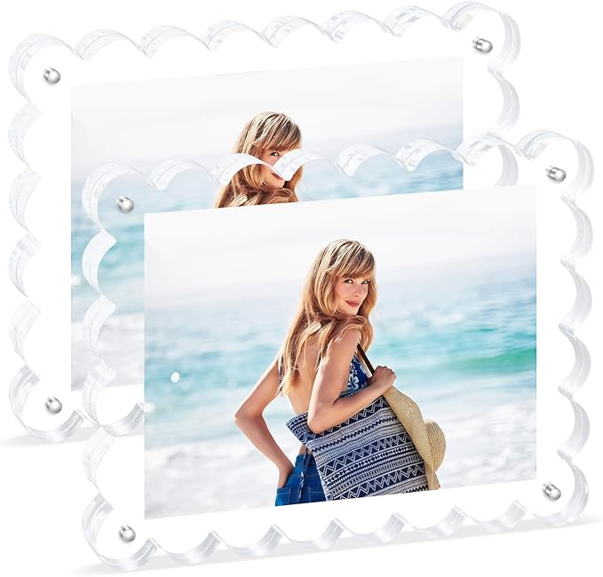 Magnetic Photo Frame 6×8Inch - 2Pack Acrylic Scalloped Glass Frames, 12+12mm Thick Double-Sided Design.Clear Picture Frame with Thick Block | Trendy Home Gift Set (2 Pack, 6×8)