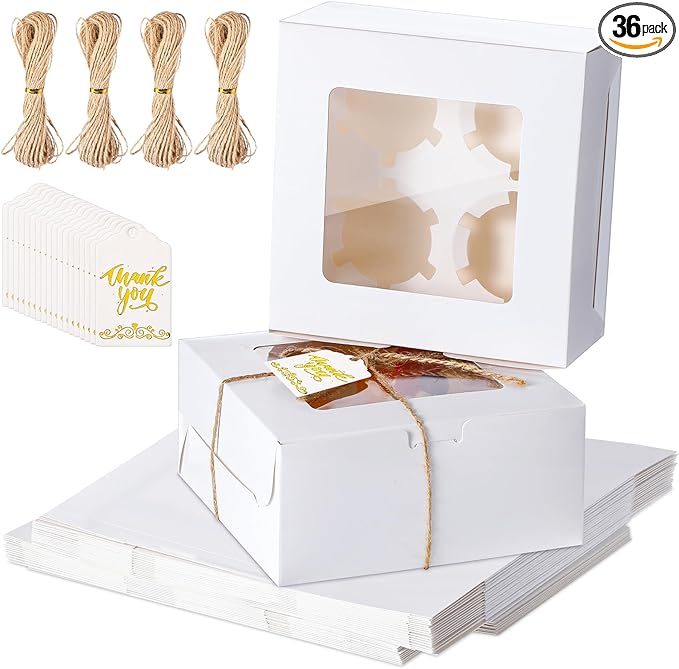 36 Pack Cupcake Boxes Hold 4 Count Disposable Cupcake Containers with Window and Cake Carrier with Thanks Card and Jute Rope to Muffins Cupcakes Cookies Gift Wrapping (White)