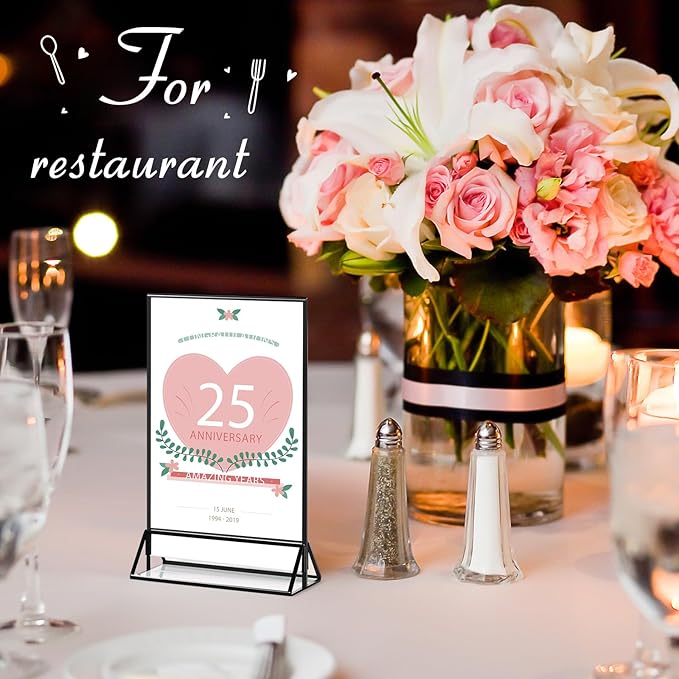 Zonon Acrylic Sign Holder 5x7, 6 Pack Vertical Double Sided Menu Display Stand with Borders, Double Sided Wedding Table Menu Holders Picture Frames for Restaurant, Christmas Party(5 x 7 Inch)