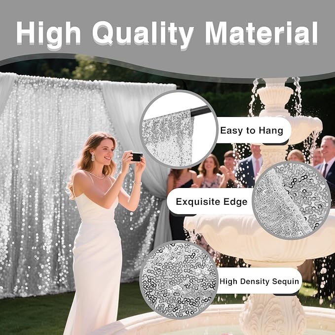 VOK Silver Sequin Backdrop Curtains 4 Panels 2FTx8FT Glitter Photography Background for Wedding Birthday Christmas Party Decorations