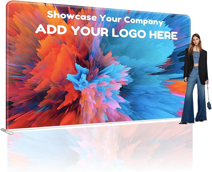 Custom Stand Backdrop with Aluminum Stand, 7.5x13.2ft Commercial Tension Fabric Banner, Double-Sided Printing for Trade Show, Weddings, Party, Business
