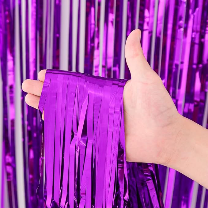 3 Pack 3.3x8.2 Feet Purple Foil Fringe Backdrop Curtains, Tinsel Streamers Birthday Party Decorations, Fringe Backdrop for Graduation, Baby Shower, Gender Reveal, Disco Party