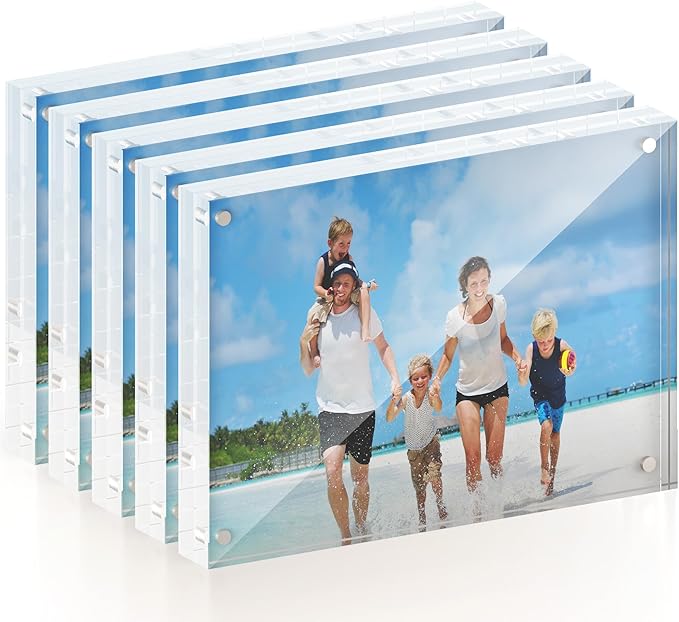 5x7 Acrylic Picture Frame 5 Pack, 20mm Thick Magnetic Double Sided Display 20% Thicker- Frameless Clear Transparent Photo Frame for Desktop/Tabletop, Self Standing with Microfiber Cloth