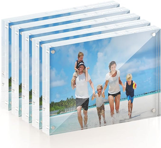 5x7 Acrylic Picture Frame 5 Pack, 20mm Thick Magnetic Double Sided Display 20% Thicker- Frameless Clear Transparent Photo Frame for Desktop/Tabletop, Self Standing with Microfiber Cloth