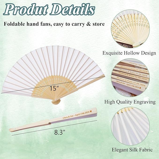 Personalized 15 Pcs White/Pink/Purple Silk-Bamboo Folding Hand Fans, Custom Engraved Wedding/Baby Shower Party Favors, Elegant & Lightweight, Foldable & Reusable