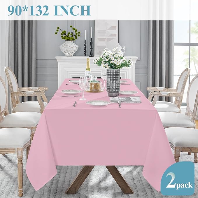 VidaFete 2 Pack 90 * 132inch Rectangle Table Cloth Polyester, Stain Wrinkle Resistant Polyester Dining Table Cover for Kitchen Dinning Party Wedding Rectangular Table Buffet Decoration(Pink)