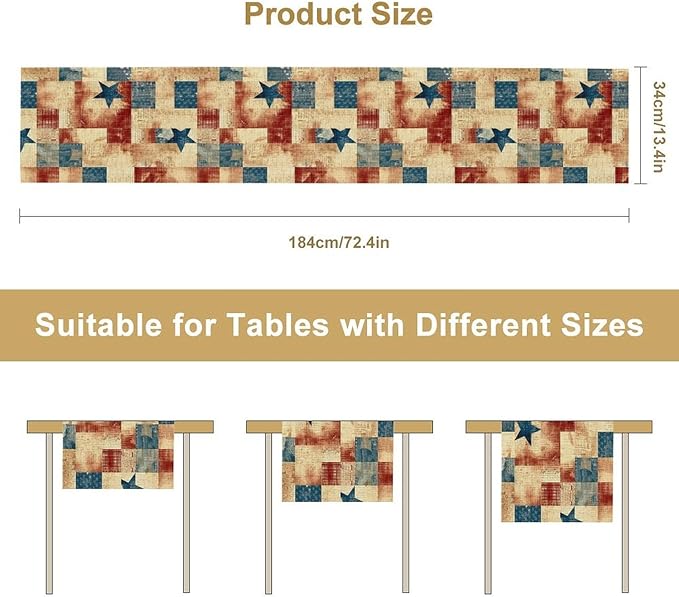 4th of July Table Runner, Rustic Vintage Country Red White Blue American Stars Independence Day Print Table Cover for Farmhouse Kitchen Dining Table Decor, 13x36inch