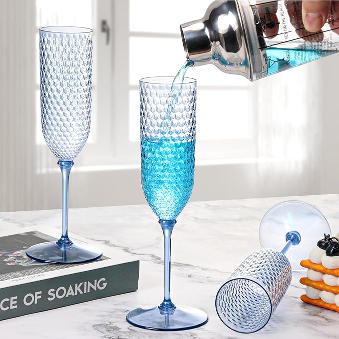 XUWAIDSGN 48 Pack Blue Detachable 2 piece Champagne Flutes 5.5 Oz Unbreakable Plastic Mimosa Disposable Champagne Glasses Drinking Cups Stemmed Reusable Wine Toasting Glasses for Wedding
