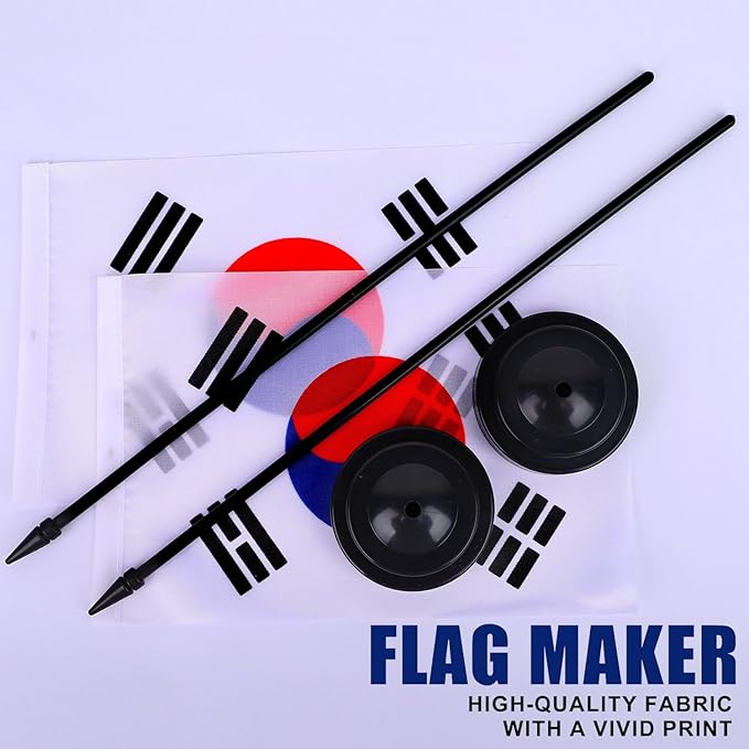 Korea Desk Flag 12" Solid Pole Deluxe Set Korean Flags Banner Mini Small Korea Office Table Flags with Black Stand Base Desktop Decorations(2Pack)