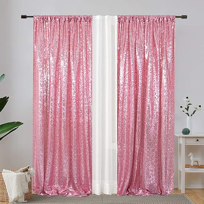 Eternal Beauty Fuchsia Pink Sequin Backdrop Curtains, Shimmer Back Drop 4Panels-2FTx8FT for Christmas, Party, Birthday, Photography, Wedding, Baby Shower Event Decoration