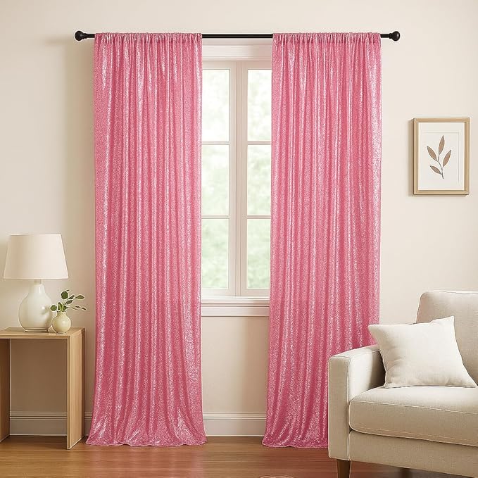 Juya Delight 2Pcs 2FTx8FT Pink Sequin Backdrop Curtains Fuchsia Pink Glitter Backdrop for Party Birthday Wedding Decoration