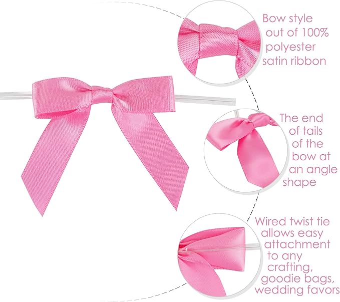 AIMUDI Hot Pink Bows 2.5" Pink Ribbon Valentine's Day Twist Tie Bow Pre Tied Bows Premade Bows for Crafts Treat Bags Cake Pop Party Decorations Candy Apple Box Wedding - 50 Counts