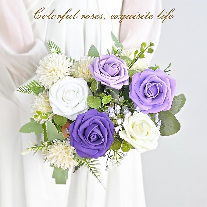 BLEUM CADE 16Pcs Artificial Flowers Fake Roses with Stems, Gradient Purple Boxed Foam Roses for DIY Bouquets Centerpieces Wedding Party Arrangement Bridal Shower Decor