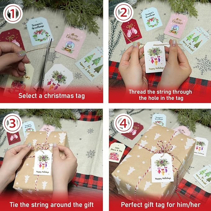 48 Pcs Christmas Gift Tags, Watercolor Christmas Hanging Tags Label Gold Foil with Hemp Rope Xmas Present Tag for DIY Xmas Holiday Present Wrapping Decorations, 6 Styles