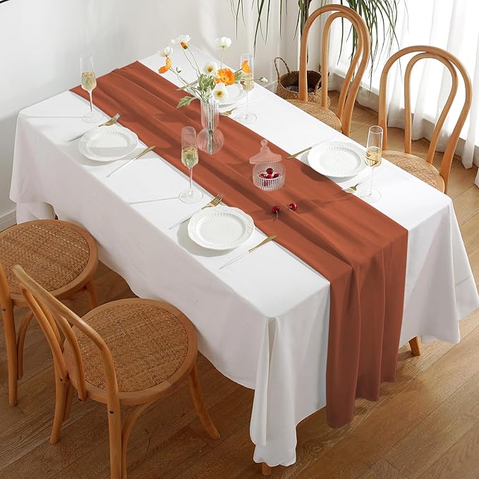 2 Pack 10 Ft Chiffon Table Runner Rust Gauze Long Table Runners 27x120 Inches Sheer Tulle Table Runner for Rustic Wedding Reception Bridal Shower Decorations Birthday Party