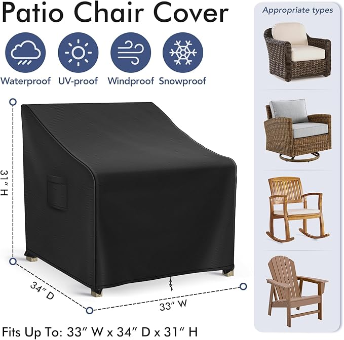 Patio Furniture Covers Waterproof for Chairs, Lawn Outdoor Chair Covers 2 Pack, Patio Chair Covers for Outdoor Furniture Fits up to 33W x 34D x 31H inches, Black