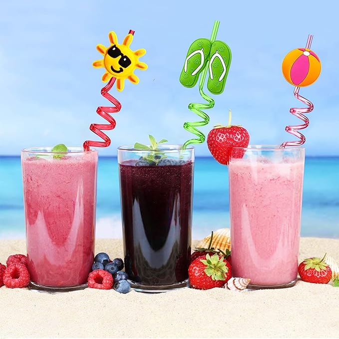 24Pcs Beach Drinking Straws Beach Ball Pool Summer Birthday Party Supplies Decorations with 2Pcs Cleaning Brushes