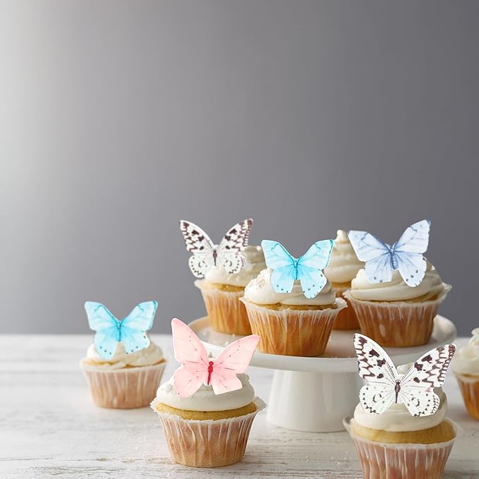 Ephlyn 48Pcs Edible Butterfly Cupcake Toppers Cupcake Picks Edible Butterfly Cupcake Decorations for Theme Baby Shower Kids Birthday Party Cake Supplies Multi