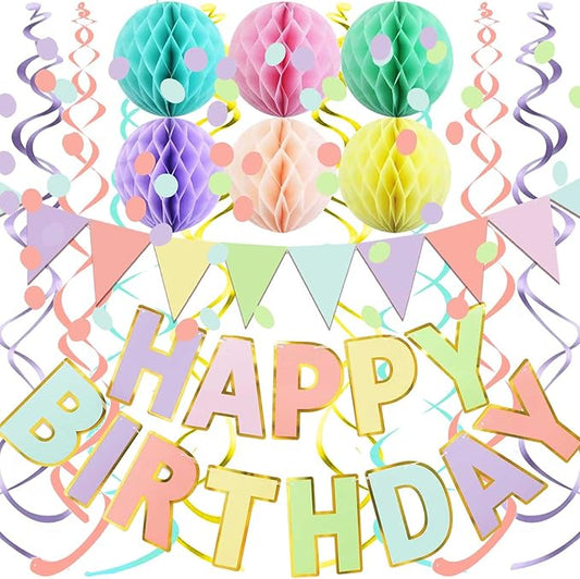 Fecedy Macaron Superlarge Alphabet Happy Birthday Banner Colorful Flag Bunting Circle Confetti Garland Swirl Streamers Honeycomb Ball for Birthday Party Decorations