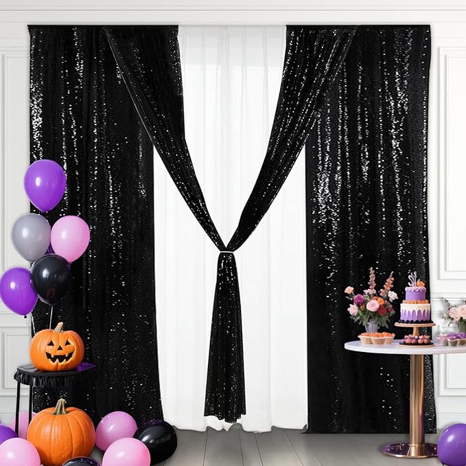 Eternal Beauty Black Sequin Backdrop Curtains, Halloween Shimmer Back Drop 4Panels-2FTx8FT for Christmas, Party, Birthday, Photography, Wedding, Baby Shower Event Decoration