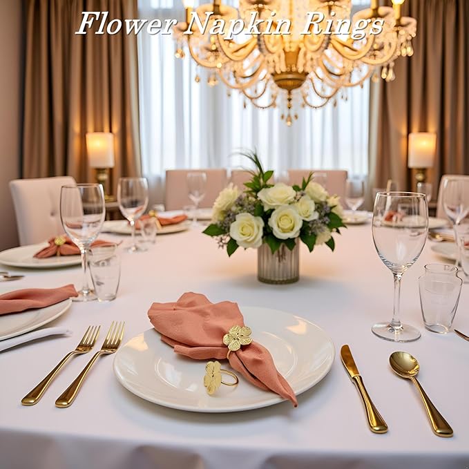 Flower Napkin Rings Set of 50, Fall Napkins Rings Gold Floral Holder for Wedding Season Banquet Party Décor Holiday Dinner Delicate Blossom Serviette Buckles Table Setting Decoration(Gold 50)