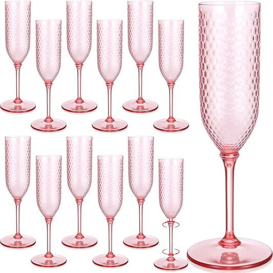 Remerry 24 Pack Detachable Plastic Champagne Flutes 5.5 oz Champagne Glasses Bulk Disposable Mimosa Glasses Reusable Wine Cups for Wedding Toasting Baby Shower Birthday Party New Years (Pink)
