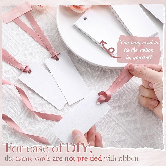50 Pcs Name Place Cards for Table Setting Blank Wedding Place Cards with Satin Ribbon 1.57 x 3.54 Inch Hanging Gift Tags for Wedding Dinner Banquet Party Table Setting Supplies(Rose Gold)