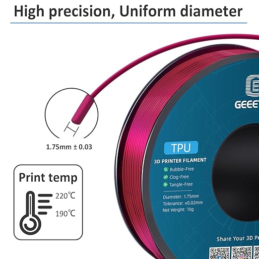 Geeetech TPU Filament 1.75mm, Shore 95A – Flexible 3D Printer Filament with High Elasticity, 1KG (2.2lbs) Spool, Dimensional Accuracy ±0.03mm, Fits Most FDM Printers (Clear Pink)