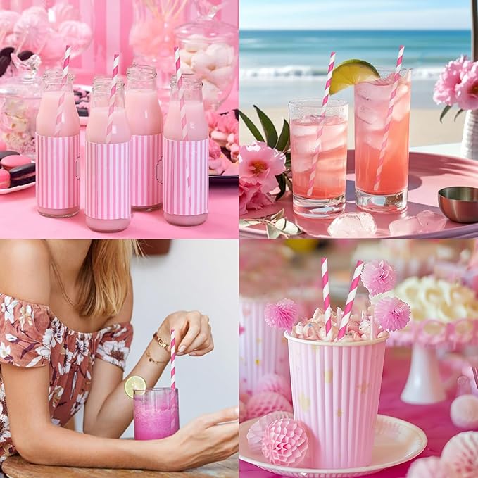 7.75 inch Hot Pink Striped Paper Straws for Drinking - Unwrapped, 100 Counts - for Party, Wedding, Cocktail, Beverage