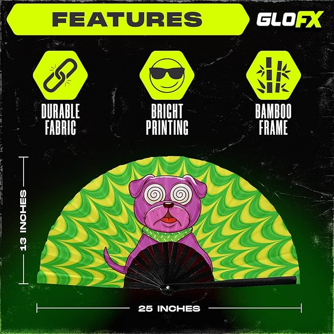 GloFX Rave Trippy Doggy Large Folding Fan - Music Festival Essentials, EDM Rave Accessories