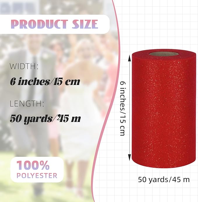 Glitter Tulle Rolls 6” by 50 Yards Sparkle Tulle Fabric Ribbon Sequin Tulle Netting Rolls for DIY Tutu Skirt Wedding Birthday Party Decoration (Red)