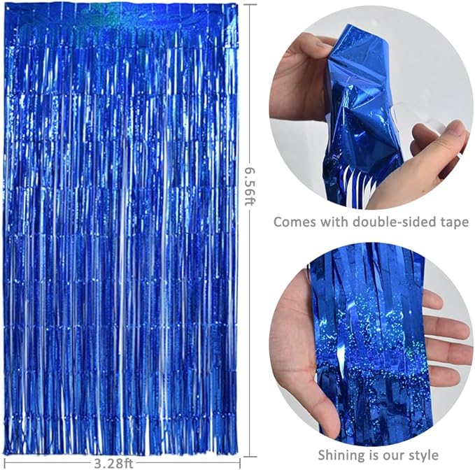 TONIFUL 3Pcs Laser Blue Door Streamers, Photo Booth Backdrop Metallic Streamers Foil Fringe Curtains for Birthday, Christmas, New Year, Bachelorette, Grad Party Decor (9.9ft x 6.6ft)