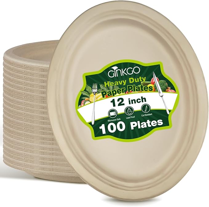 Ginkgo 100 Pack Oval Heavy Duty Paper Plates 12 Inch, Disposable Large Paper Plates Bulk for BBQ, Party, Picnic, Dessert, Thanksgiving and Every Day