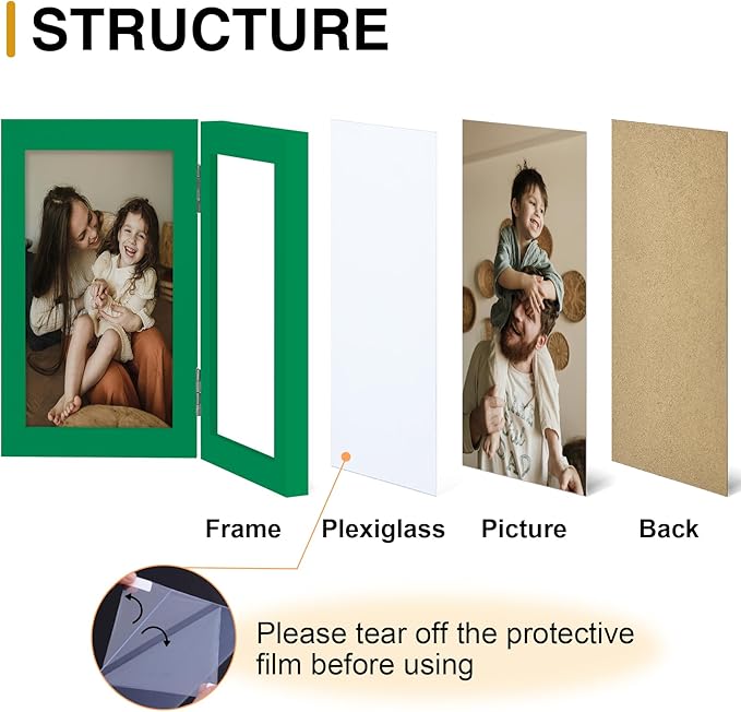 decorUhome Double 4x6 Picture Frame Vertical, Engineered Wood Bifold Photo Frame with Plexiglass for Tabletop Display, 4x6, Green