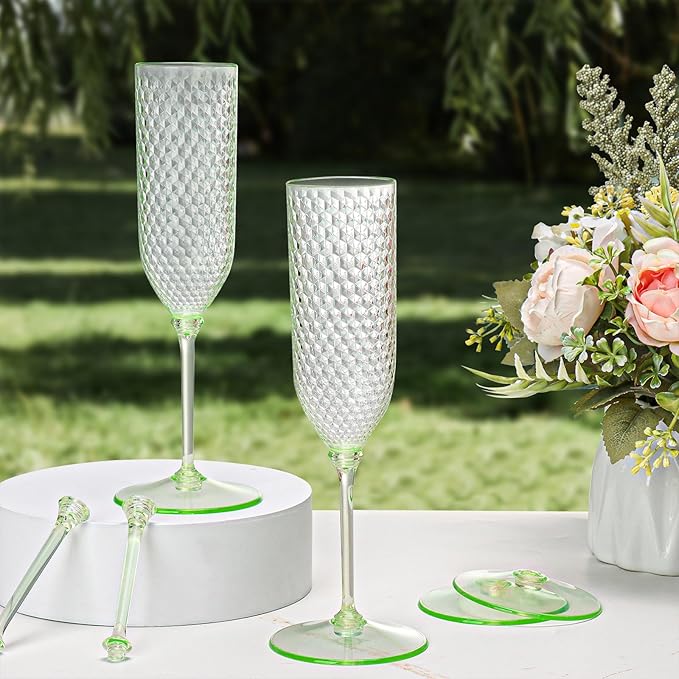 XUWAIDSGN 24 Pack Green Detachable 2 piece Champagne Flutes 5.5 Oz Unbreakable Plastic Mimosa Disposable Champagne Glasses Drinking Cups Stemmed Reusable Wine Toasting Glasses for Wedding