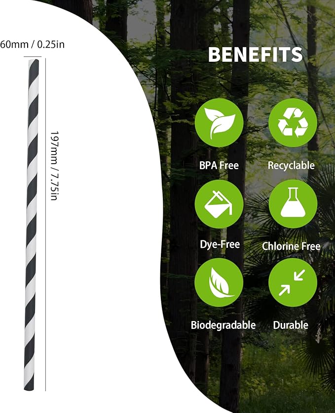 Biodegradable Black Striped Paper Straws, Pack of 100 Disposable Black White Stripes Paper Drinking Straw for Restaurants, Juices, Smoothies