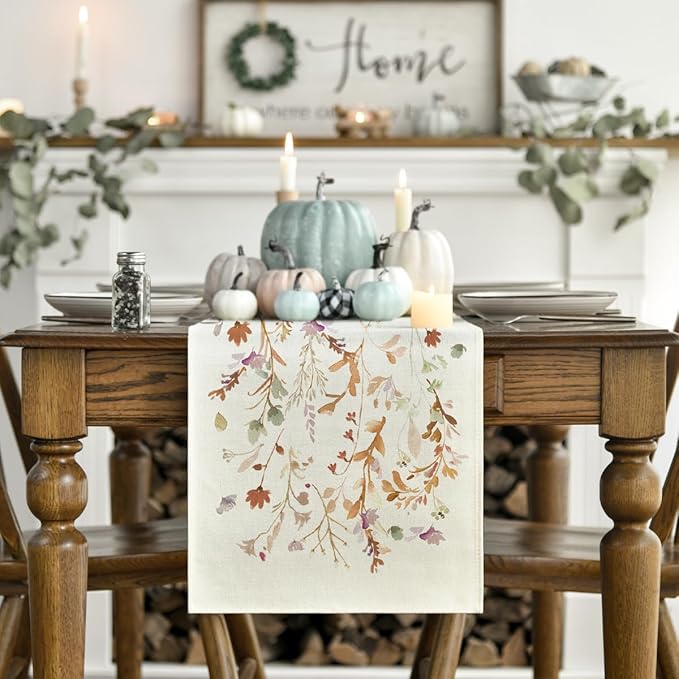 Artoid Mode Floral Leaves Fall Table Runner, Wild Flowers and Grasses Seasonal Autumn Kitchen Dining Table Decoration for Home Party Decor 13x120 Inch