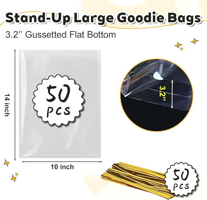 PigPotParty 10"x 14", 50Pcs Bottom Gusset Bags, Clear Plastic Gift Cellophane Mug Treat Goodie Bags with 50x Twist Ties, Large Party Favor Packaging, Toy Wrapping (No Side Gusset)