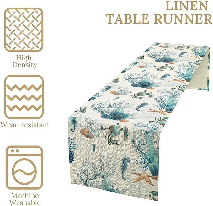 Nautical Coast Table Flag, Ocean Beach Seahorse Shell, Vintage Sailboat Lighthouse Anchor Table Decoration for Indoor and Outdoor Home Party Decor 13x108 Inch
